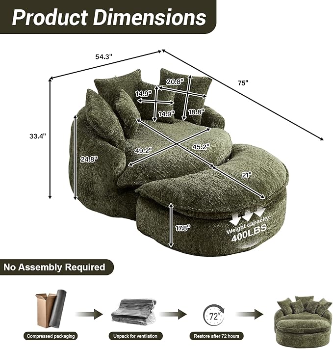 54" Oversized Round Chaise Lounge Indoor Boneless Bean Bag Chair with Movable Ottoman Fluffy Comfy Reading Chair Large Circle Cloud Couch Sleeper Sofa Bed for Living Room, Bedroom, Apartment, Green