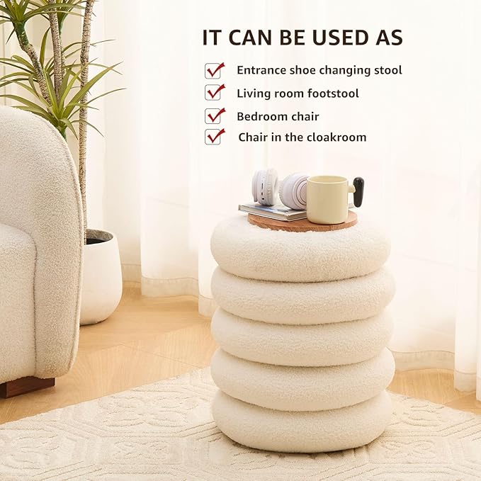 Wimarsbon Round Storage Ottoman, Modern Sherpa Footstool, Teddy Vanity Stool with Flip-Top Tray, Makeup Chair for Home Decor, Upholstered Footrest for Living Room & Bedroom (White S)