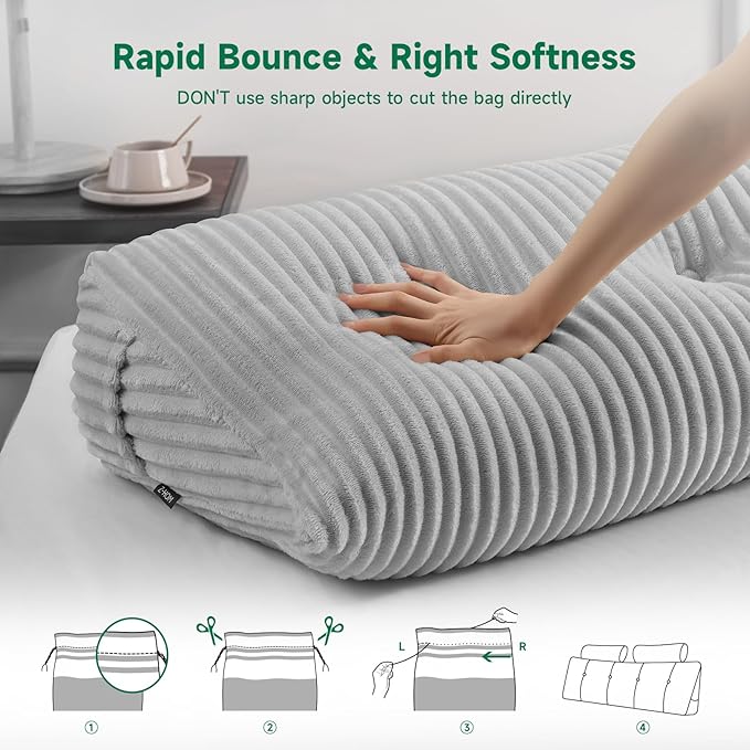 Z-hom Large Wedge Pillow Headboard, King Triangular Headboard Pillow, Reading Pillow Bed with a Roll Pillow for Bed Sitting Up Sleeping, Backrest Cushion Headboard Gap Pillow for Back, Light Gray