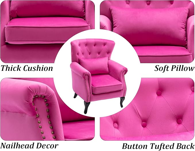 DM Furniture Mid Century Accent Chair Modern Button Tufted Armchair Wingback Club Chair Velvet Single Sofa Lounge Chair with Pillow for Living Room Bedroom, Rose Pink