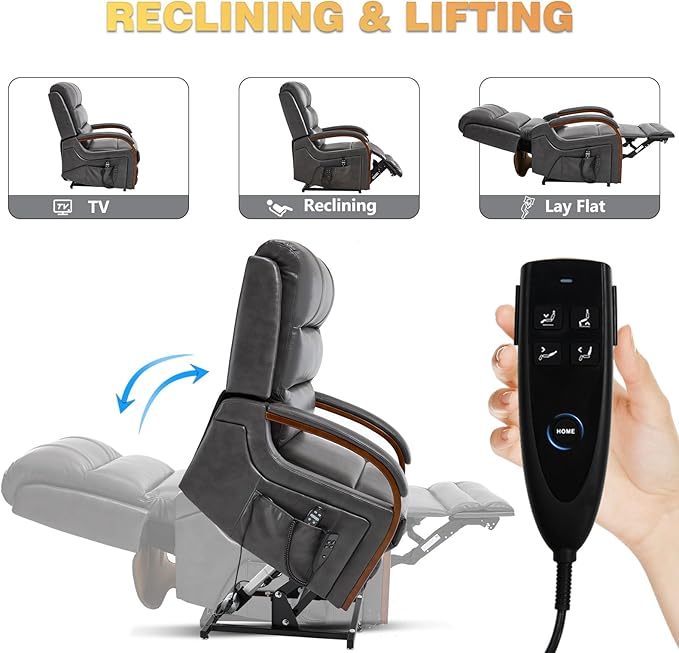 Dual Motor Power Lift Recliner Chair, Lay Flat Recliner, Lift Chair with Massage and Heat, Standing Assistance, Infinite Position Reclining, Living Room Chair (Faux Leather Grey)
