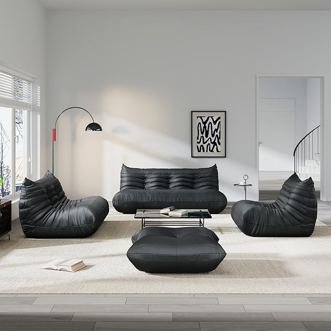 Comfy Lazy Floor Sofa Couch,Soft Armless Chair,Faux Leather Lounge Chair,Corner Relax Sofa Couch for Living Room Bedroom,Salon Office,Adults((Black+3P+2P+1P+Ottoman)
