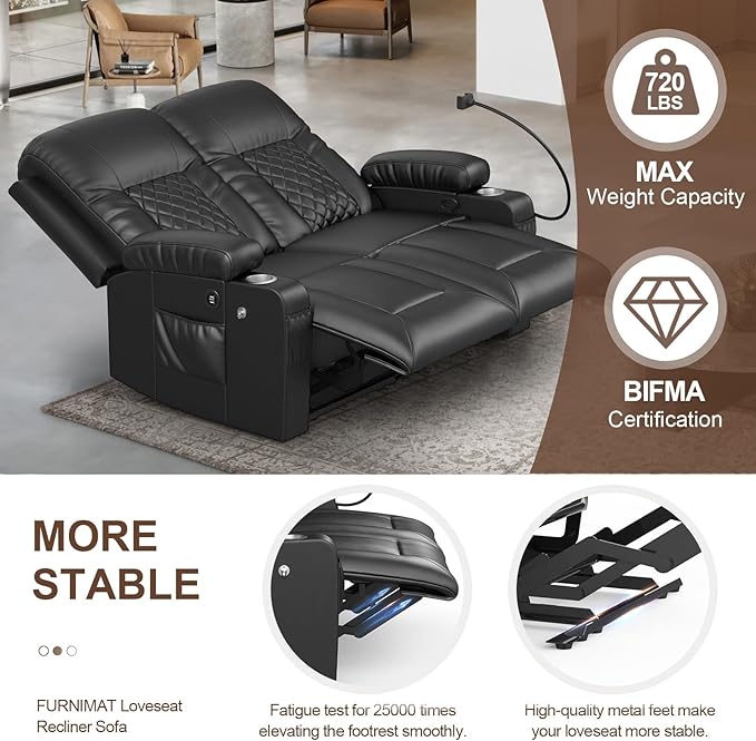 FURNIMAT Loveseat Recliner Sofa, 2 Seater Reclining Loveseat sofa, PU Leather RV Loveseat Couch, FSC Certified Recliner Chair for Living Room, with Cup Holder and 2 Cell Phone Holder, USB Ports, Black