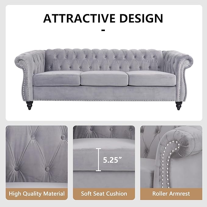 QHITTY Accent Large Sofa, Chesterfield Couch 3 Seater Modern Velvet Couch Upholstered Sofa with Tufted Back for Living Room Furniture (Grey)
