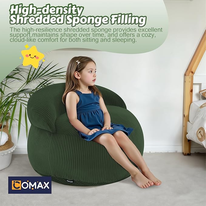 COMAX Bean Bag Chair for Kids, Convertible Toddler Beanbag Bed Corduroy, Children Bean Chair Stuffed to Floor Mattress with Filler, Green
