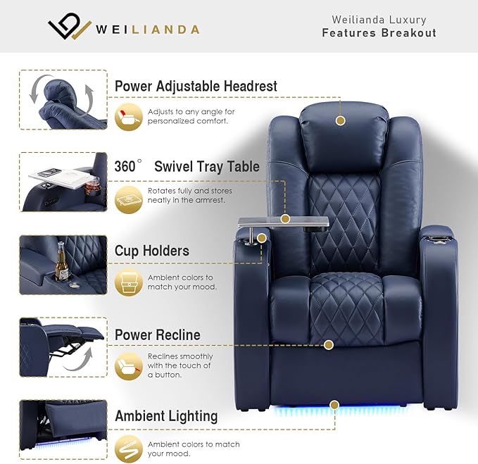 Weilianda Home Theater Seating Top Grain Leather Zero Gravity Recliner Chair Power Headrest Recline Movie Seat Gaming 7 Colors Mood Light Sofa with Tray Table USB Charge Row of 2 Blue