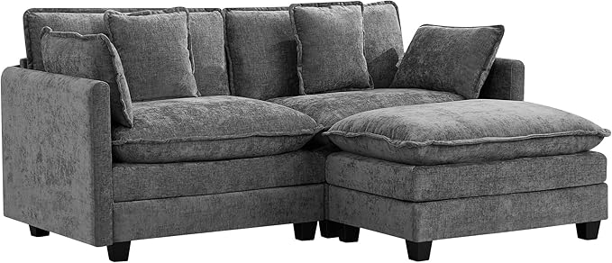 UMBFUN Cloud Couch Loveseat with Ottoman, Oversized Comfy Modular Sectional L Shaped Sofa with Deep Seat Cushions, Chenille 2-Seater Lounge Set for Living Room, Grey