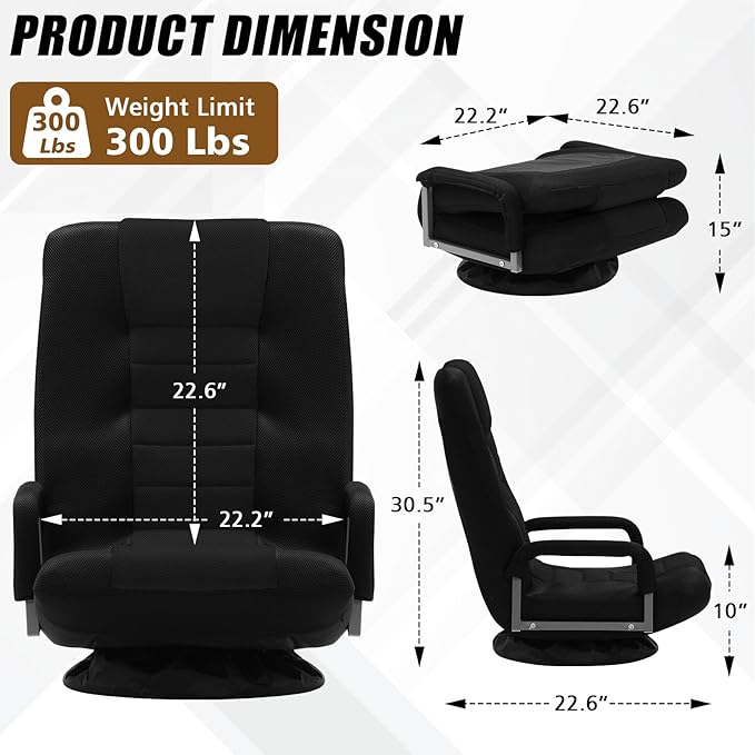 ACIPENSER Swivel Gaming Chair Multipurpose Floor Gaming Chair for Playing Video Games, TV, Reading w/Armrest Lumbar Support & 6 Adjustable Postion Backrest for Adults & Kids, Black