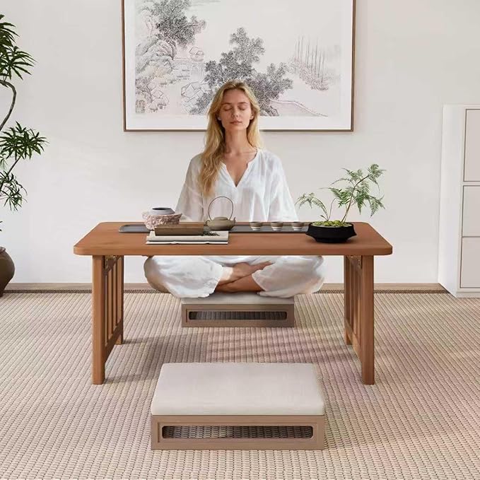 Japanese Bamboo Folding Floor Table, Portable Low Coffee Table for Small Spaces, Foldable Tatami Tea Table for Sitting on Floor, No Assembly Chabudai Table for Zen Living Room (Brown)