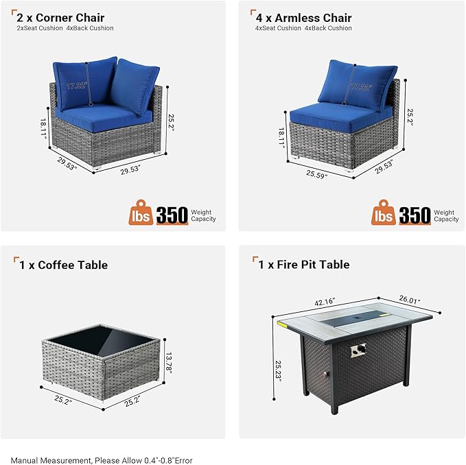 ovios Outdoor 8 Piece Patio Furniture Set with Fire Pit Table,Conversation Sectional Wicker Couch with Coffee Table,Modern Outside Sofa for Balcony Backyard, Navy Blue