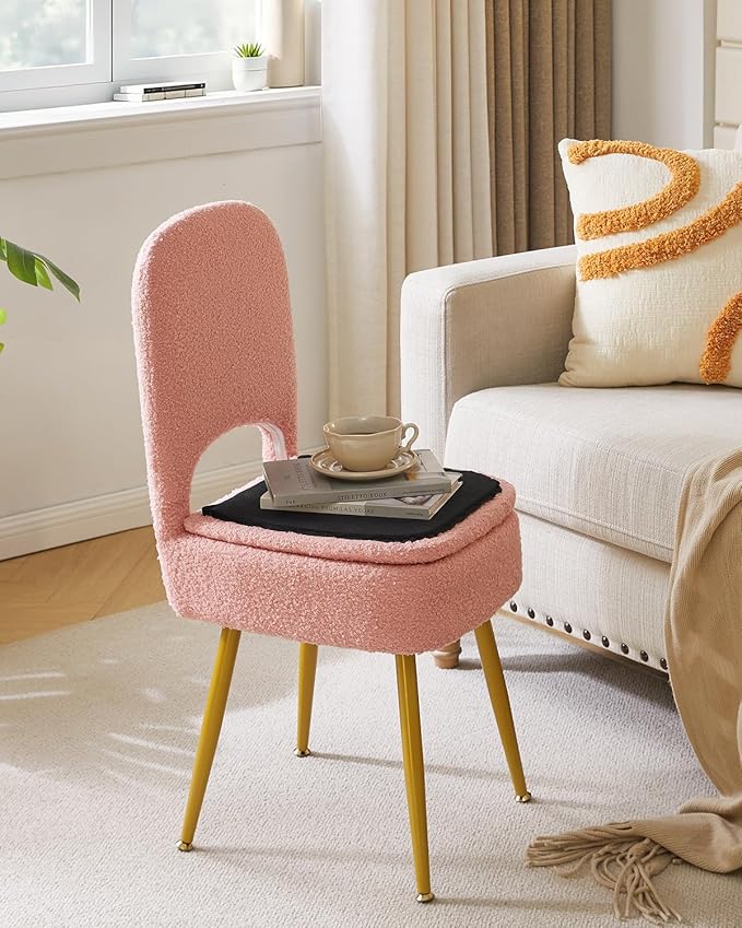 IBUYKE Small Storage Vanity Stool with Folding Backrest, 12.99" x 13.78" x 31.5" Square Teddy Velvet Ottoman, Makeup Chair for Living Room, 4 Metal Legs with Anti-Slip Feet, Pink WBD027P