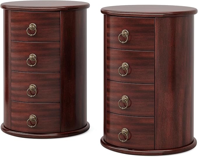 Tribesigns Solid Wood End Table Set of 2, Round Side Table with 4 Drawers, Vintage Bedside Table Nightstand for Small Spaces, Living Room, Bedroom, No Assembly Required (2, Cherry Brown)