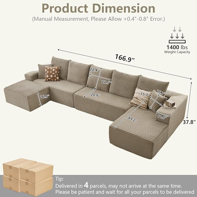 Lakifun 166.9" U-Shape Cloud Couch, Modern Modular Sectional Comfy L-Shape Sofa with Ottoman, Deep Seat, Upholstered Corduroy Sleeper Chaise Longue for Living Room Bedroom, No Assembly Required, Camel
