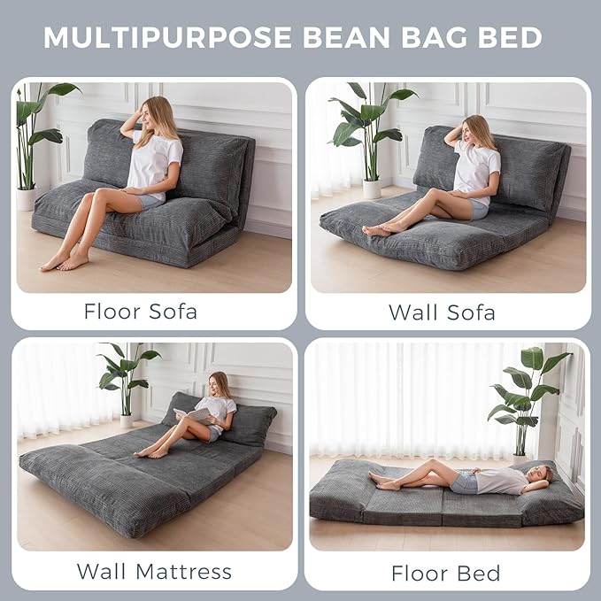 MAXYOYO Folding Sofa Bed, Extra Thick and Long Floor Sofa Convertible Sleeper Chair with Washable Cover, Floor Couch Lounge Bean Bag Bed for Living Room, Dark Grey, 39x95 Inch