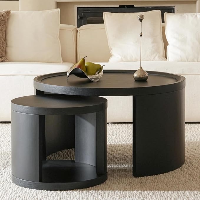 FAME HOME Round Nesting Coffee Table Set of 2,31.5" Large & 18" Small Low Tables with Wood Look Top,Space-Saving Side Tables for Living Room,Bedroom,Office,Minimalist Center Table Set (Black, L+S)