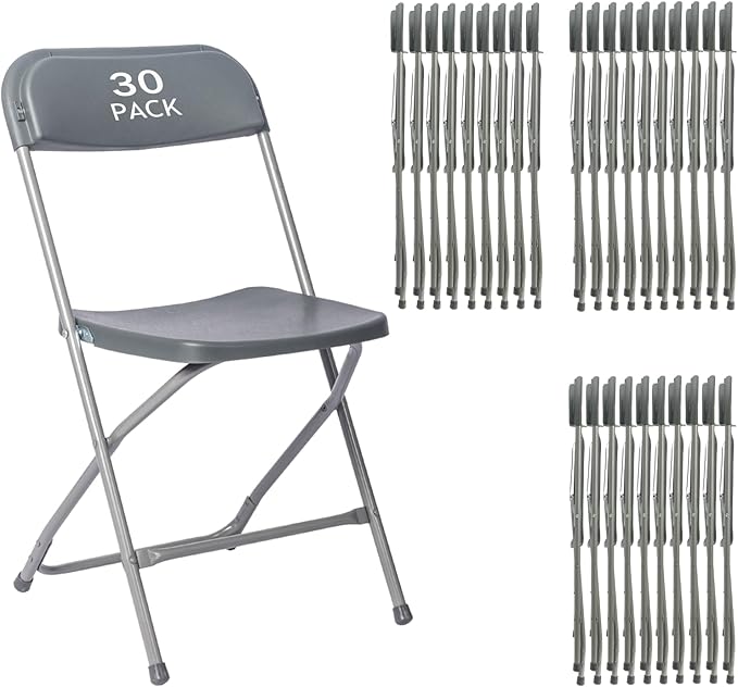 30 Pack Gary Plastic Folding Chair, Indoor Outdoor Portable Stackable Commercial Seat with Steel Frame 350lb. Capacity for Events Office Wedding Party Picnic Kitchen Dining