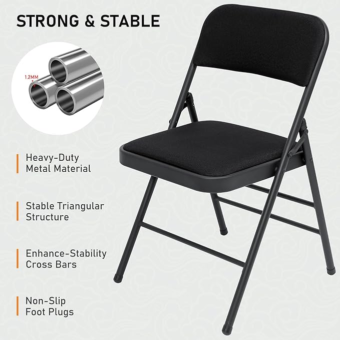 SEALAMB 10 Pack Fabric Folding Chairs with Padded Seats & Cushion, Metal Foldable Chairs for Wedding Party, Commercial Chairs for Office School Church Events, 350lb Capacity (Black-Fabric, 10 Pack)