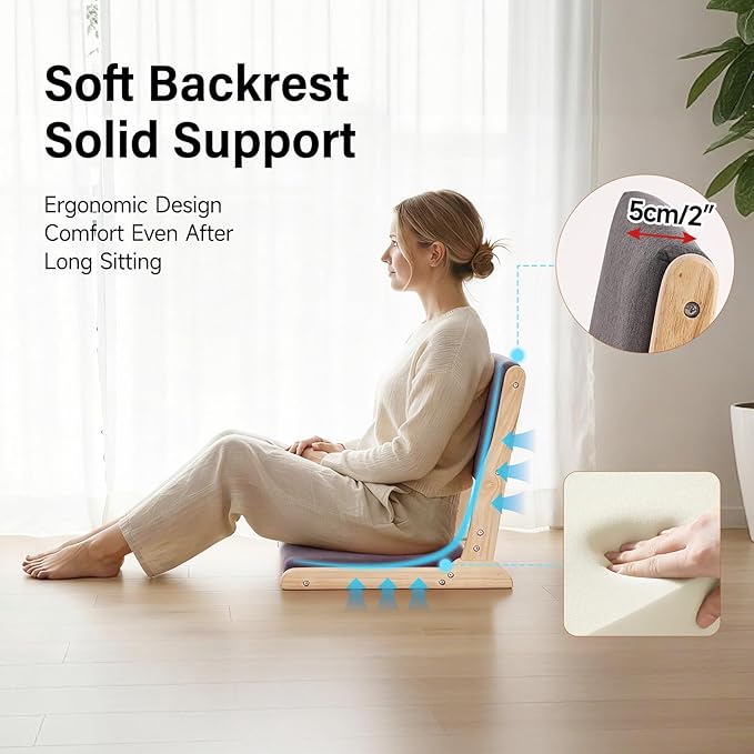 Tiita Foldable Tatami Chair, Japanese loor Chair, Wood Legless Back Rest Chairs with Cushion, Accent Meditation Floor Chairs Bay Window, Wood Dark Grey