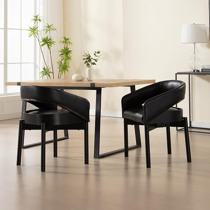 DUOMAY Modern PU Leather Dining Chairs Set of 2, Open Back Kitchen Chairs with Solid Wood Legs Upholstered Curved Back Side Chairs for Kitchen Restaurant, Black
