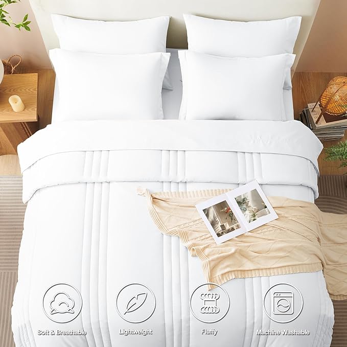 CozyLux King Comforter Set - 7 Pieces Bed in a Bag White Comforter Set with Sheets Luxury Bed Set All Seasons, Soft Bedding Set with Down Alternative Comforter, Sheets, Pillowcases & Shams