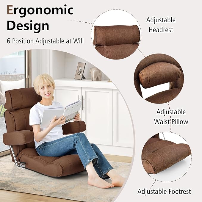 Giantex Adjustable Folding Sofa Chair - Lazy Floor Chair with Infinitely Adjustable Backrest, Extendable Armrest & Seat, Couch Recliner for Meditation, Reading, Gaming Floor Chairs for Adults (Brown)