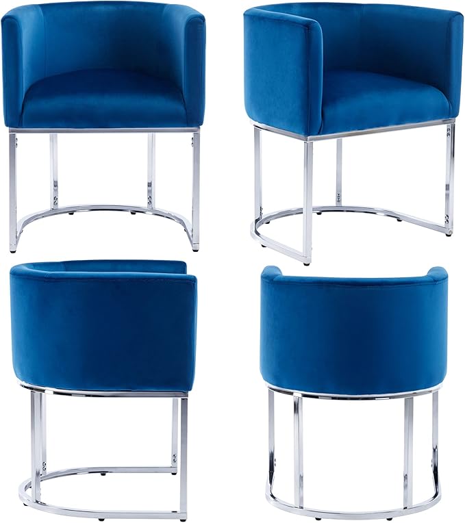 VESCASA Velvet Upholstered Dining Chairs with Barrel Back, Mid Century Modern Padded Restaurant Chairs with Chrome Metal Frame for Kitchen, Dining Room, Set of 2, Blue