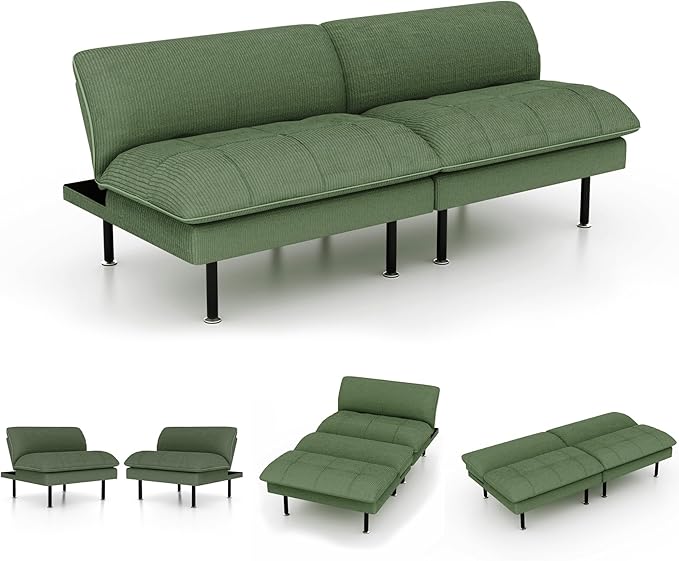 2 Sets 70" Futon Sofa Bed, 4 in 1 Multi-Function Couch Sleeper with Adjustable Backrest, Modern Convertible Futon, Recliner Small Loveseat for Living Room, Green