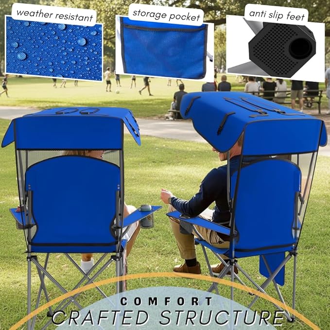 CozyBox Portable Folding Camping Chairs with Canopy Shade, Beach Chair for Adults, Durable Weather Resistant 600D Oxford Cloth, Camping Chair with Canopy for Outdoors [Blue-2 Pack]