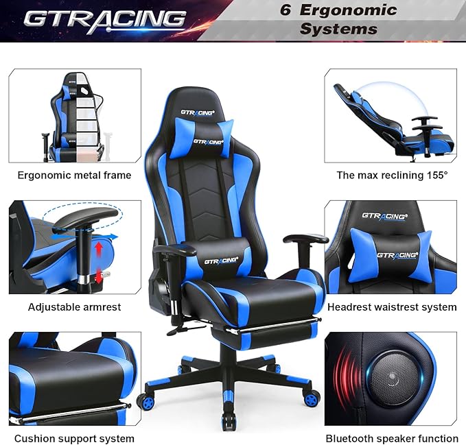 GTRACING Gaming Chair with Footrest Speakers Video Game Chair Bluetooth Music Heavy Duty Ergonomic Computer Office Desk Chair