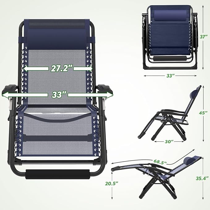 ZENPETIO Oversized Zero Gravity Chair, 33In XXL Zero Gravity Recliner Lounge Chair, Anti Gravity Chair for Indoor and Outdoor, Reclining Camping Chair for Lawn and Patio w/Cushion and Footrest, 500LBS