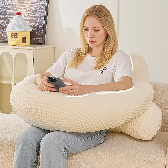 PAJEO Reading Pillow for Bed,U Shaped & Back Support Pillow for Bed,17" Backrest with Lumbar & Arm Support,Comfy Flannel Fabric,Lap Pillow for Gaming/Reading/Watching TV,White
