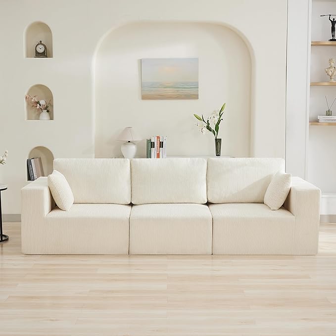 115'' Comfy Boneless Couch, Upholstered Deep Seat Modular Cloud Sofa, No Assembly Corduroy Compression 3 Seater Sofa Couch for Living Room, Beige