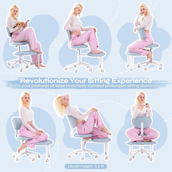 Pinmoco Ergonomic Cross Legged Office Chair with Wheels, ADHD Chair for Adults, Meditation Chair, Yoga Office Chair, Comfortable Back Support, Height Adjustable,Small Spaces, PU Leather, Blue