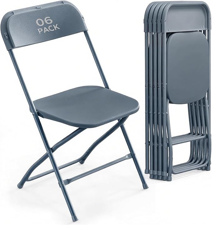 6 Pack Gary Plastic Folding Chair, Indoor Outdoor Portable Stackable Commercial Seat with Steel Frame 350lb. Capacity for Events Office Wedding Party Picnic Kitchen Dining