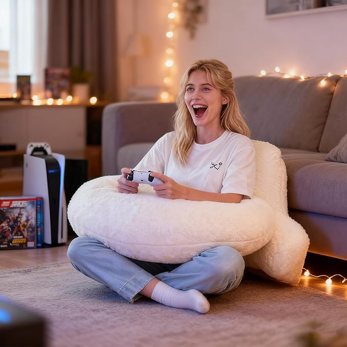 PAJEO Reading Pillow for Bed,U Shaped & Back Support Pillow for Bed,17" Backrest with Lumbar & Arm Support,Luxurious Faux Rabbit Fur,Gaming PillowFor Crochet/Reading/Watching TV,White