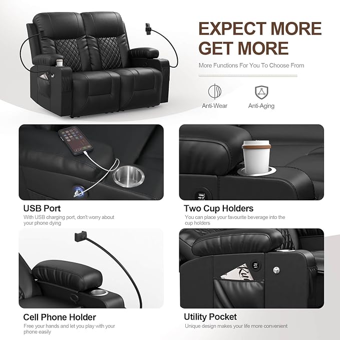 FURNIMAT Loveseat Recliner Sofa, 2 Seater Reclining Loveseat Sofa, Modern PU Leather RV Loveseat Couch for Living Room/RV, with USB Ports, Cup Holders, Insert Pockets, Cell Phone Holders, Black