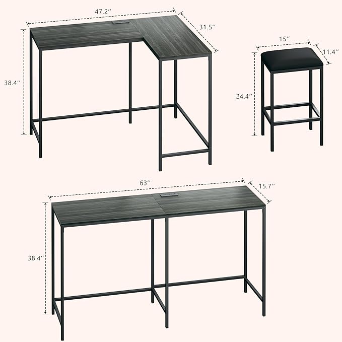 Bar Table and Chairs Set for 2-4, 63'' Convertible L-Shaped Kitchen Table with Power Outlets, 3 Piece Counter Height Small Dining Table with 2 Stools, Space Saving, Breakfast Nook Corner, Grey Oak