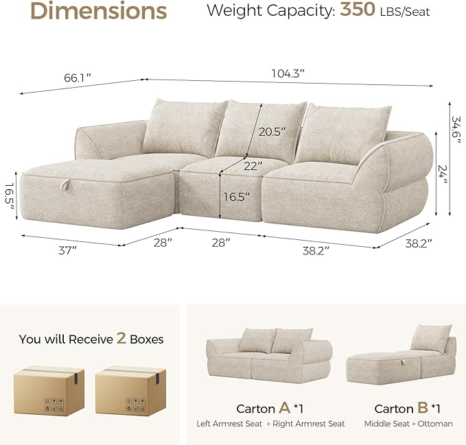 104" Modular Sectional Sofa with Deep Seat, Comfortable Upholstery L Shaped Cloud Couch for Living Room, 3-Seater Boneless Sofa with Movable Ottomans, Removable Cover, No Assembly Required, Apricot