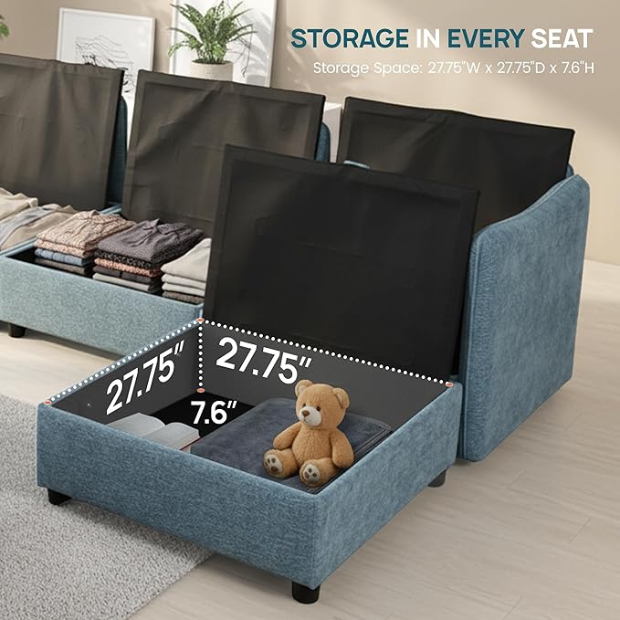 FIRLZY Oversized Modular Sofa with Removable Covers and Storage, Convertible U, L-Shaped and Sleeper Sectional, Modern Sectional Couch with Ottoman Chaise for Living Room, Blue Textured, 6 Seat Sofa