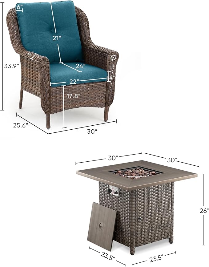 ACTREST Outdoor Patio Chairs with Fire Pit Table 5 Piece Set - High Back Brown Wicker Rattan Lawn Chair with Thick Cushion for Porch Apartment Deck Yard Poolside Garden - Peacock Blue