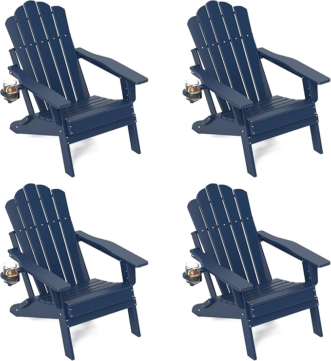 FOOWIN Adirondack Chair Set of 4, Folding Adirondack Chair with Cup Holder, HDPE All-Weather Fire Pit Chair for Patio, Garden, Backyard, Poolside, Navy Blue
