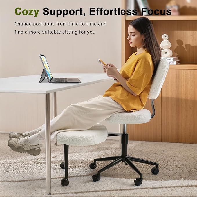 Waleaf Ergonomic Cross Legged Office Chair with Wheels, ADHD Chair for Adults, Meditation Chair, Yoga Office Chair, Kneeling Chairs with Comfortable Back Support, Height Adjustable, Teddy Fabric