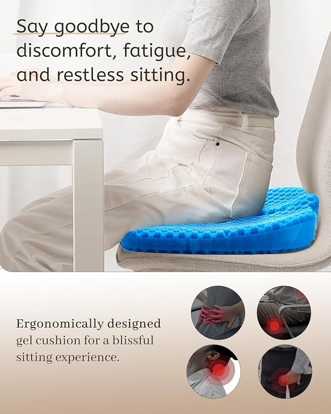 Anzeng Gel Seat Cushion for Long Sitting, Gel Cushion for Pressure Relief, Soft & Breathable, Chair Cushion for Office Chair, Car, Wheelchair, Seat Cushion with Non-Slip Black Cover