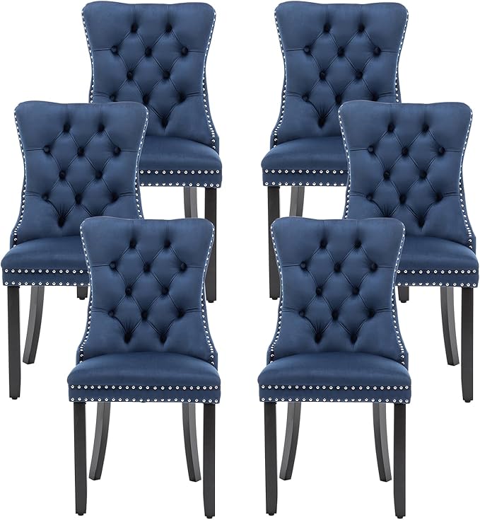 Kiztir Velvet Dining Chairs Set of 6, Upholstered Dining Room Chairs with Ring Pull Trim and Button Back, Luxury Tufted Dining Chairs for Living Room, Bedroom, Kitchen (Blue)