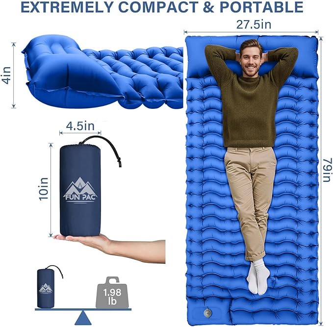 FUN PAC Camping Sleeping Pad, Ultralight Camping Pad with Pillow Built-in Foot Pump Inflatable Sleeping Mat Compact for Camping Backpacking Hiking Traveling - Blue