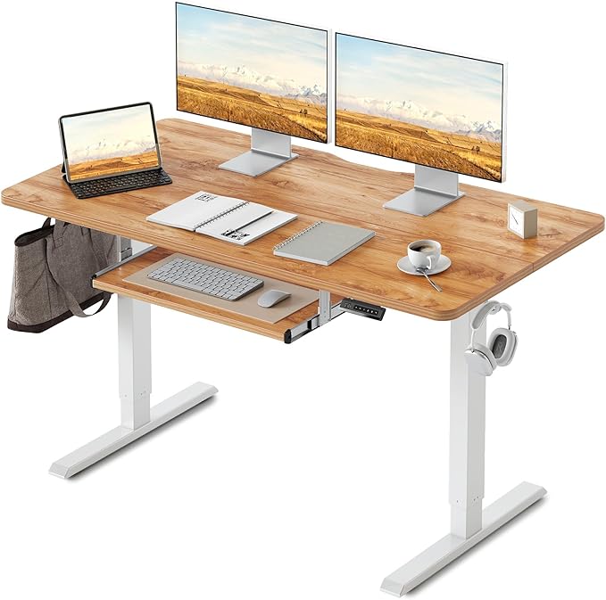 FEZIBO Standing Desk with Keyboard Tray, 55 x 24 Inch Adjustable Height Sit Stand Desk with Memory Presets for Home Office, Ergonomic Computer Workstation, Light Rustic