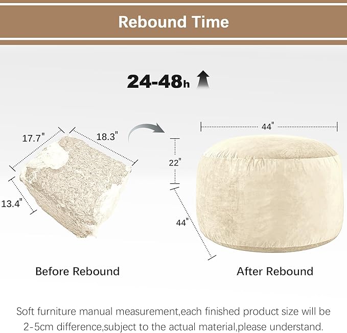 Bean Bag Chairs for Adults - Memory Foam Furniture BeanBag Chair - Kids/Teens Sofa with Soft Micro Fiber Cover - Round Fluffy Couch for Living Room Bedroom College Dorm - 4 ft, Ivory
