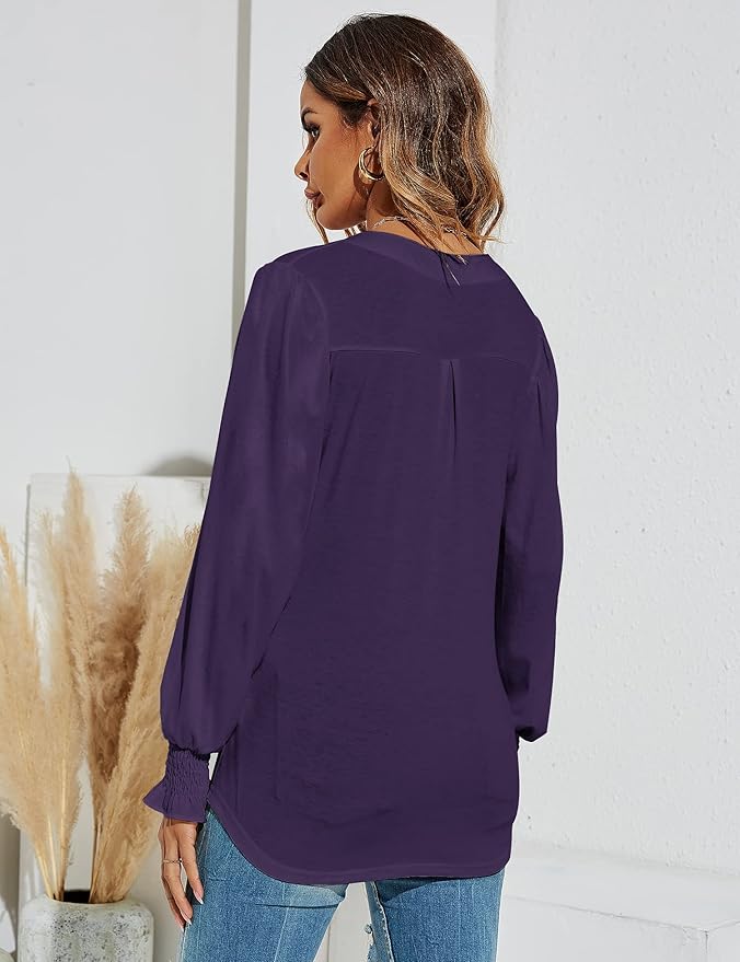 Romanstii Women's Casual V-Neck T-Shirts Loose Puff Long Sleeve Tops Tunic Blouses