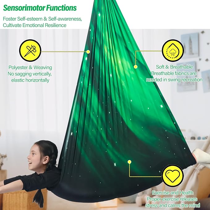 Sensory Swing for Kids Holds up to 300lbs Indoor & Outdoor Therapy Cuddle Swing with Hammock Hooks Hanger Kit for Calming, Effect for Autism, ADHD or SPD. (Space Green)