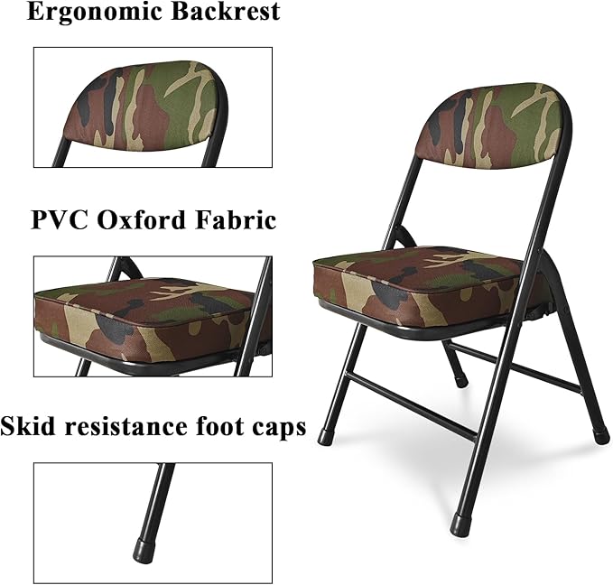 fusehome Mini Padded Folding Chairs, Garage Stool, Portable Camping Chair with Cushion, Lightweight Lawn Chair, for Outdoor Sports Events, Patio, Fishing, Hiking, Hunting, Picnic, Beach (Camo Green)